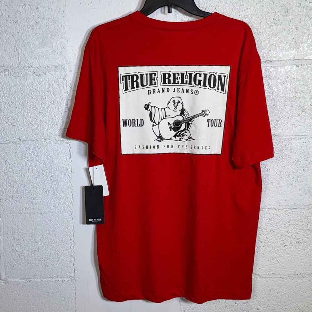 True Religion men's Logo Ladder Stitch Puff Print T-Shirt Lava XL $59